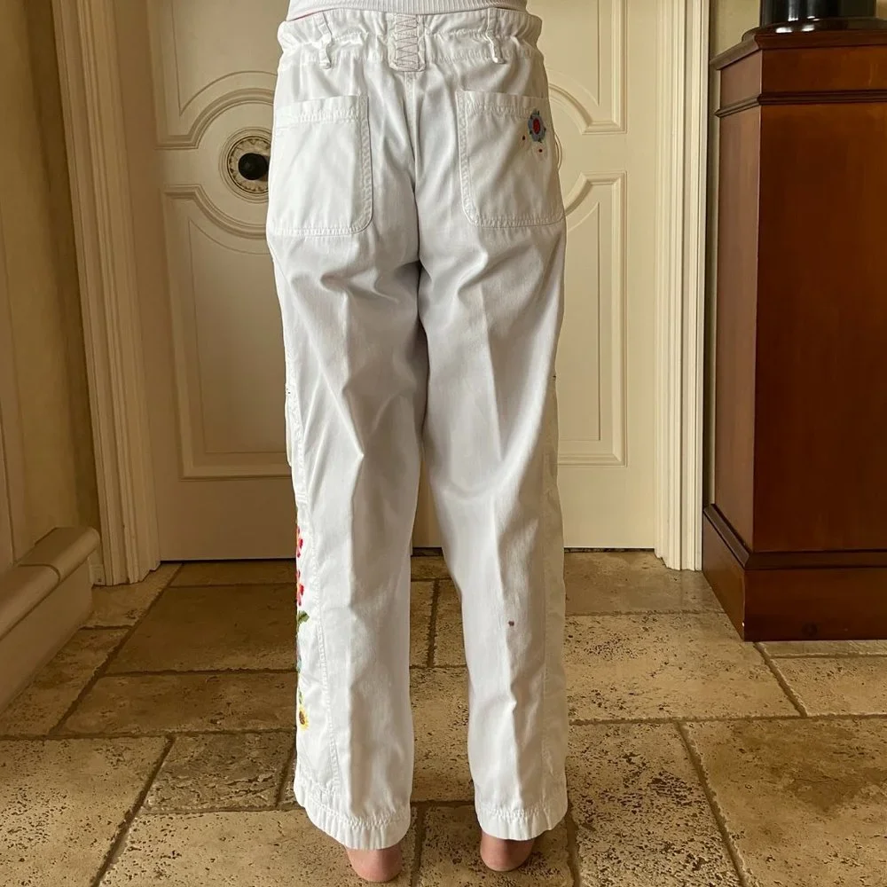 Johnny Was Vintage - White Embroidered Flower Cargo Pants - Size M - Picture 4 of 9